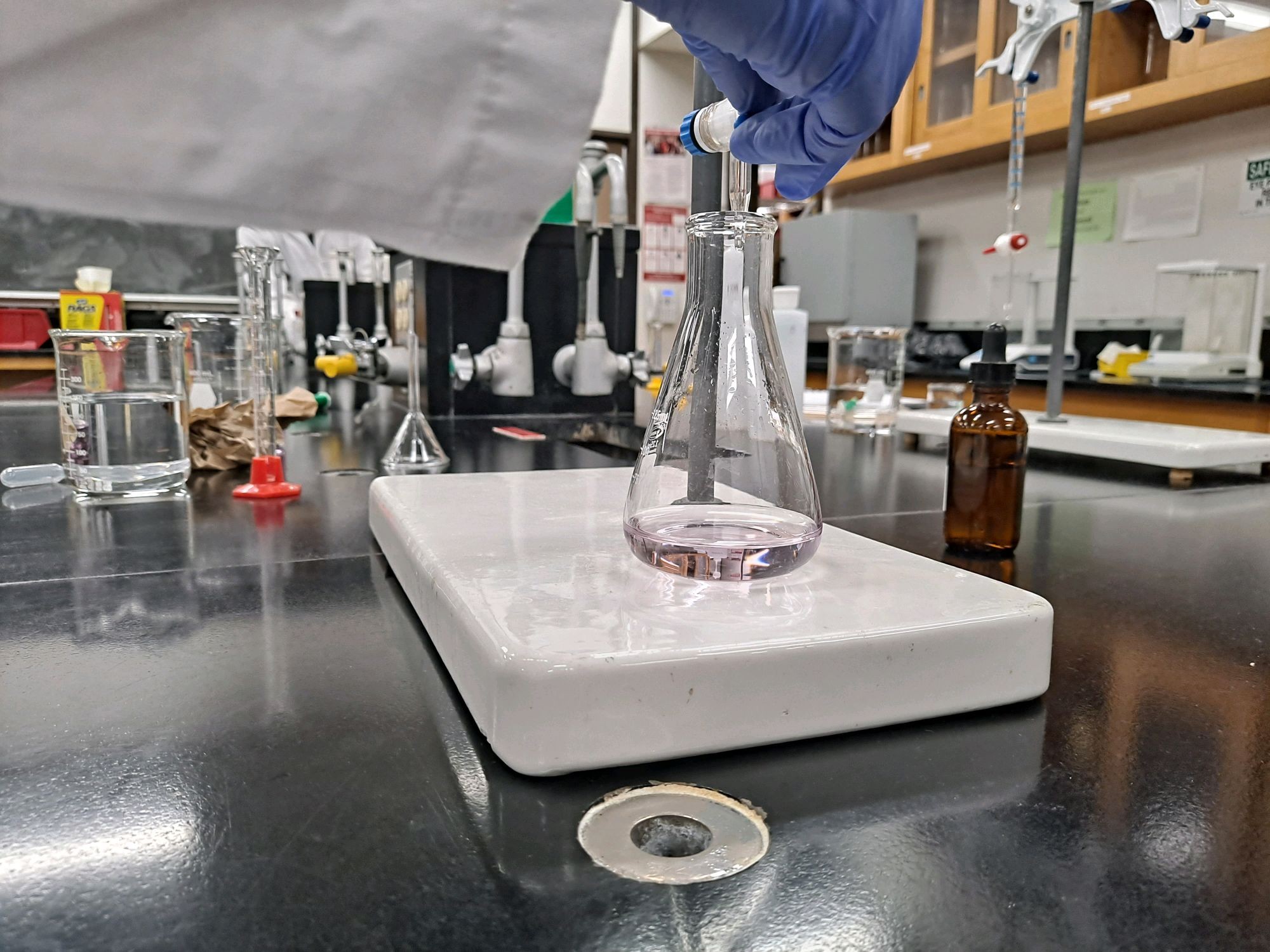 Student swirling pink liquid in Erlenmeyer flask
