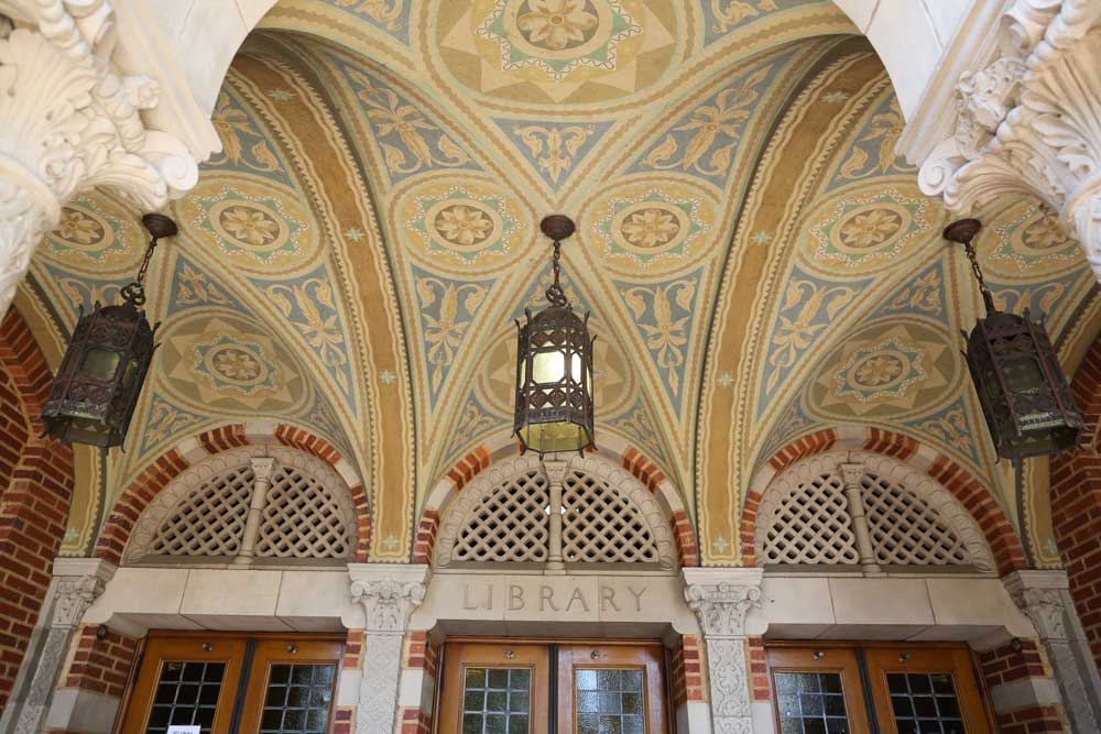 library entrance art and lamps
